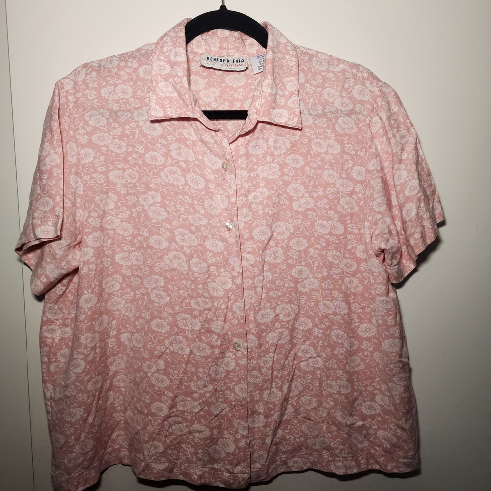 Bedford Fair Floral Blouse Womens L-P Pink Fair Vintage Short Sleeve Rayon Top